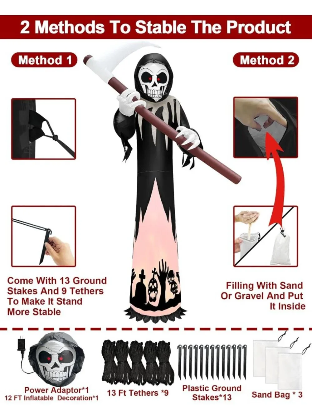 12FT Tall Halloween Inflatable Grim Reaper & Ghost Outdoor Decor - Spooky Yard